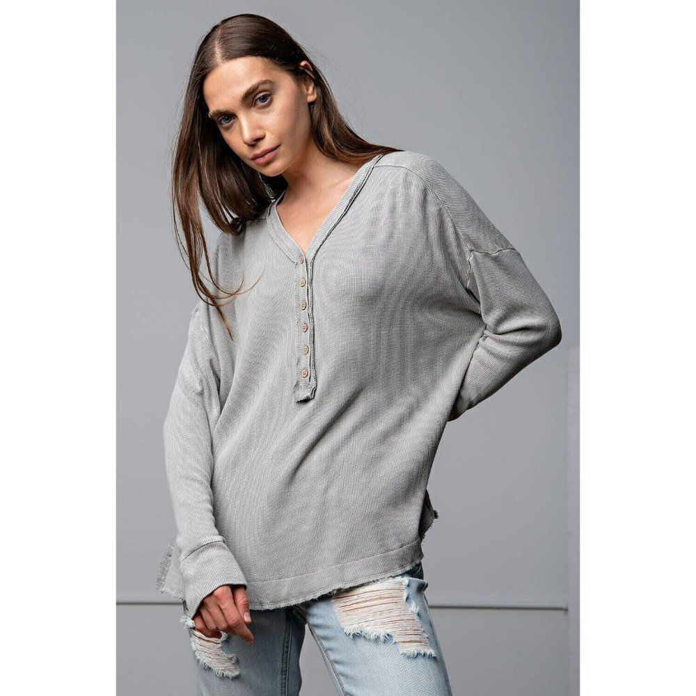 Easel Vintage Washed Thermal Top Oversized Relaxed Fit Light Grey S-L ET20636
